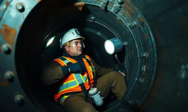 Trabalhador com colete e capacete dentro de um cano