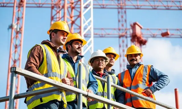 Equipe de trabalhadores com coletes e capacetes em uma andaime