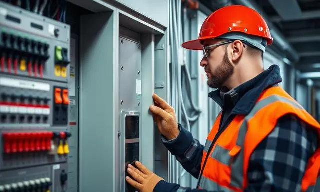 Trabalhador com capacete vermelho e colete de segurança trabalhando em um painel elétrico