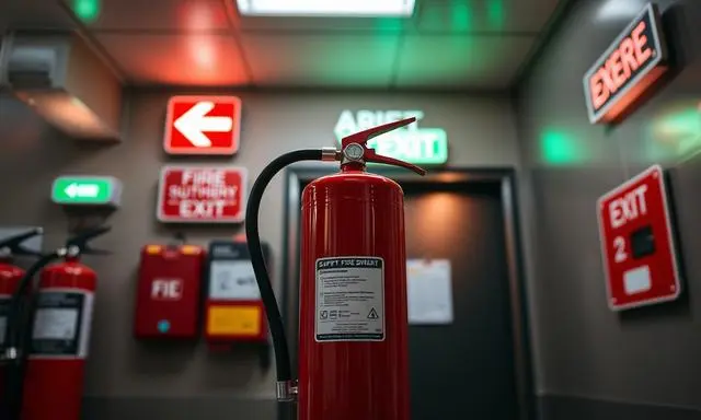 Extintor de incêndio em frente de outros apetrechos para prevenção de incêndios