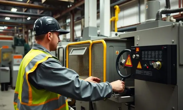 Trabalhador com capacete e colete operando máquina pesada