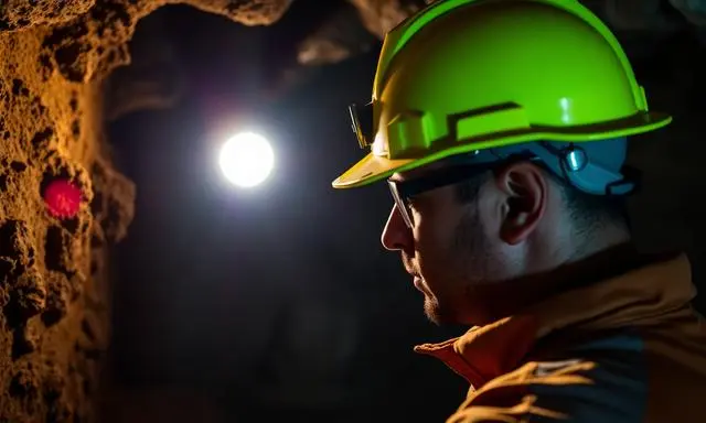 Trabalhador em mina subterrânea com uma luz de fundo